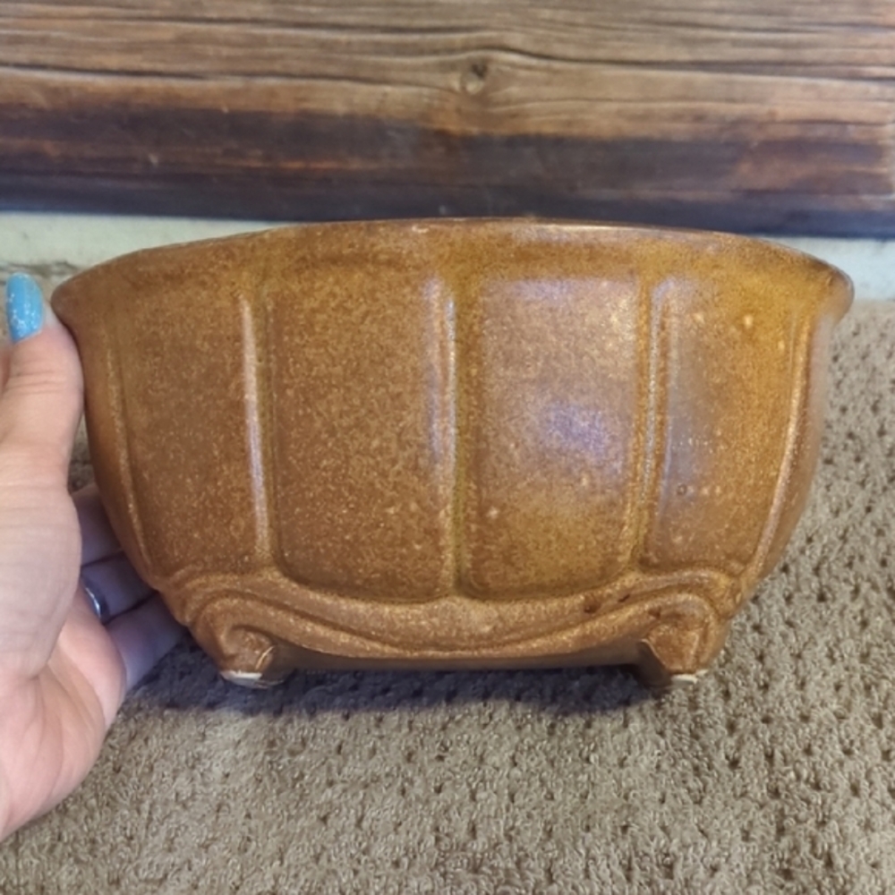 Vintage Brown Ceramic Bowl Vase Home Decor Neutral oval Stoneware - Picture 2 of 6